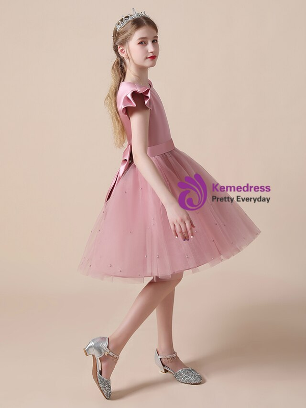 Pink Tulle Satin Knee Length Flower Girl Dress With Bow