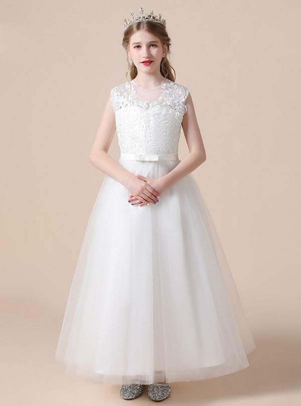 White Tulle Lace Appliques Flower Girl Dress With Button