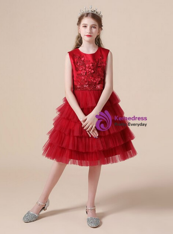 Burgundy Tulle Appliques Knee Length Flower Girl Dress With Bow