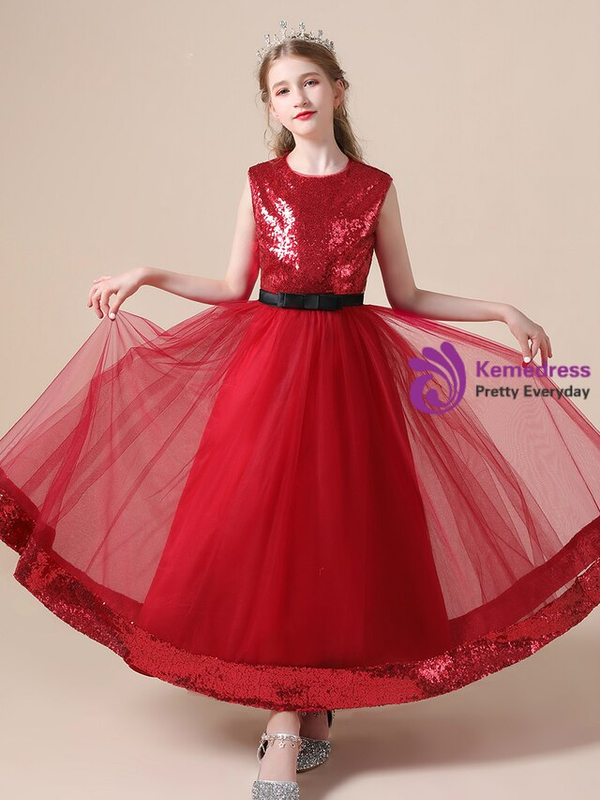 Hot Sale Burgundy Tulle Sequins Flower Girl Dress With Bow