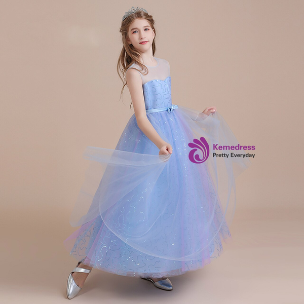 High quality Blue Tulle Sequins Sleeveless Flower Girl Dress