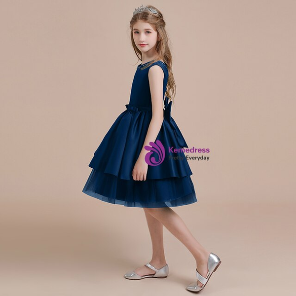 Navy Blue Tulle Satin Beading Knee Length Flower Girl Dress