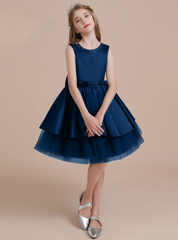 Navy Blue Tulle Satin Beading Knee Length Flower Girl Dress