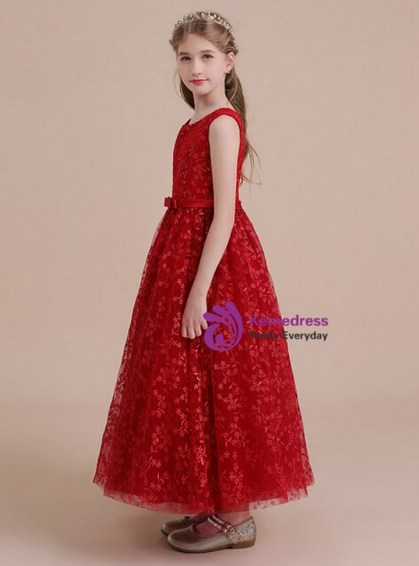 Modest Burgundy Tulle Lace Flower Girl Dress With Bow