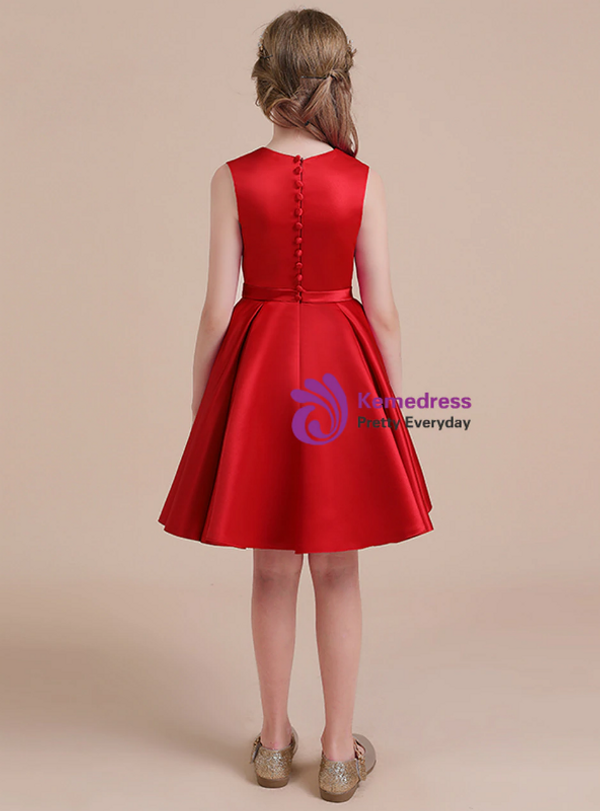  Beautiful Red Satin Knee Length Bow Flower Girl Dress