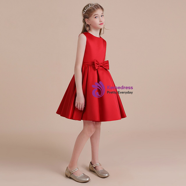  Beautiful Red Satin Knee Length Bow Flower Girl Dress