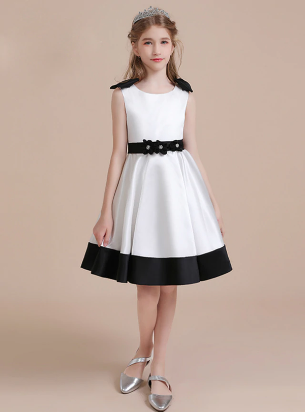 White Satin Flower Knee Length Flower Girl Dress With Belt