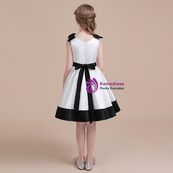 White Satin Flower Knee Length Flower Girl Dress With Belt