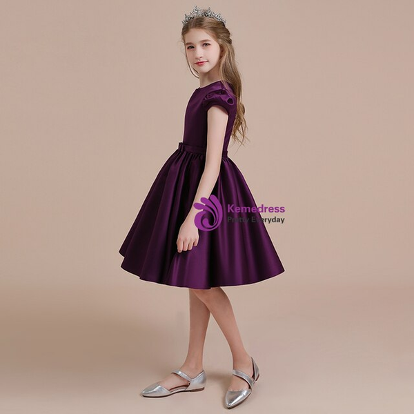 Dark Purple Satin Cap Sleeve Short Flower Girl Dress With Bow