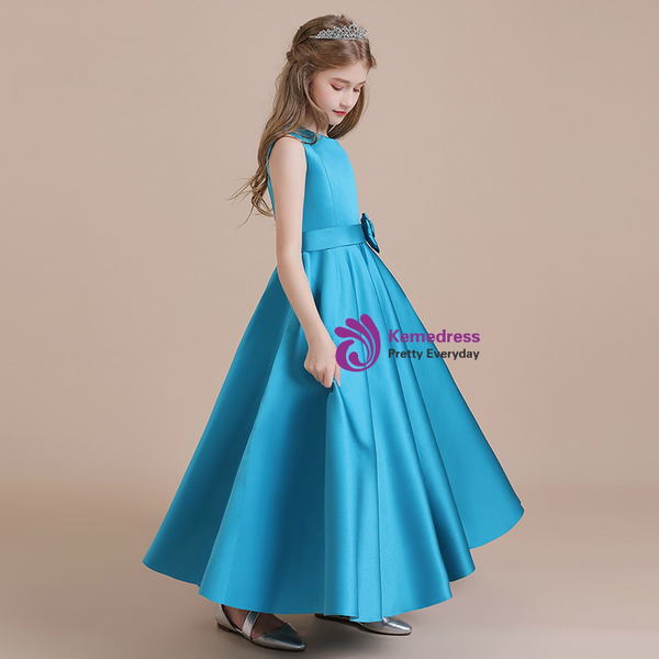 Cute Blue Satin Sleeveless Long Flower Girl Dress With Flower 