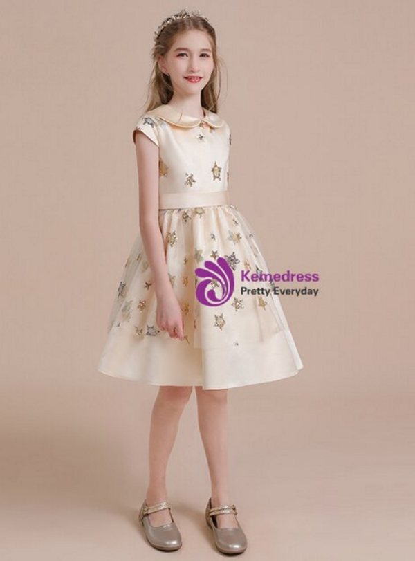 Champagne Satin Cap Sleeve Knee Length Flower Girl Dress