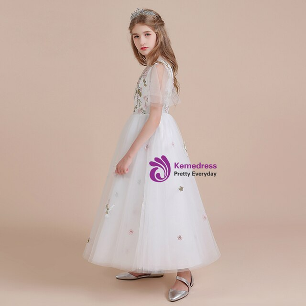 White Tulle Embroidery Short Sleeve Flower Girl Dress