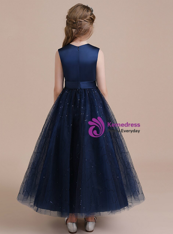 Brilliant Navy Blue Tulle Sequins Long Flower Girl Dress With Bow