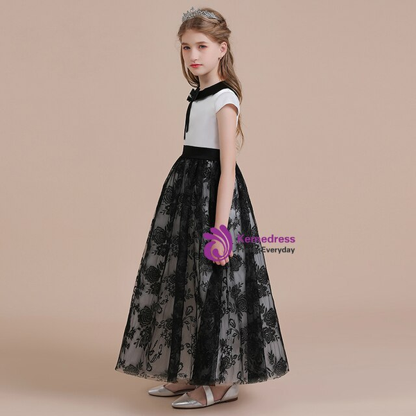 Black Tulle Lace Cap Sleeve Flower Girl Dress With Bow