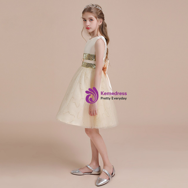 Champagne Tulle Sequins Flower Girl Dress With Bow