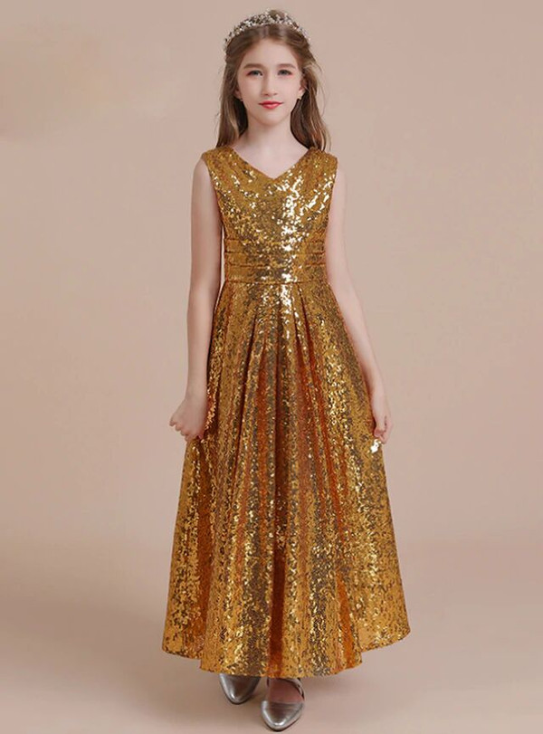 Glamorous Gold Sequins V-neck Pleats Flower Girl Dress