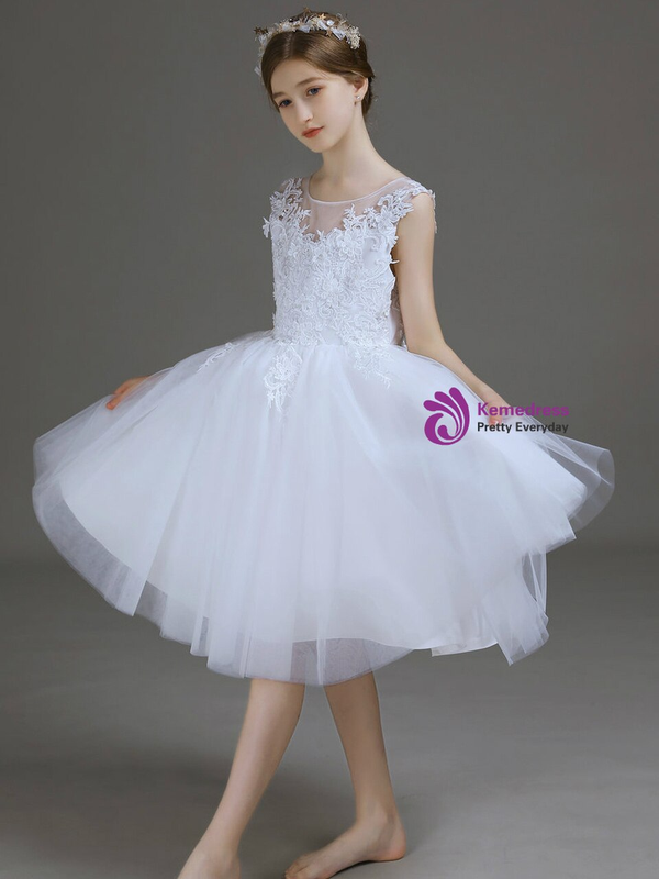 Latest White Tulle Appliques Knee Length Flower Girl Dress