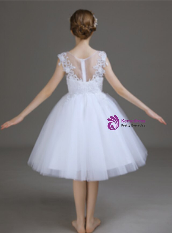 Latest White Tulle Appliques Knee Length Flower Girl Dress