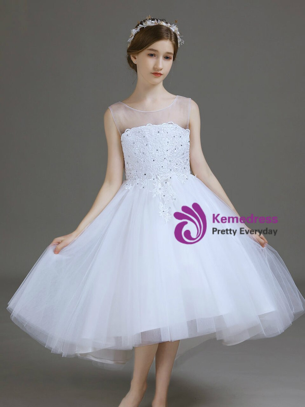 Princess White Hi Lo Tulle Lace Appliques Beading Short Flower Girl Dress