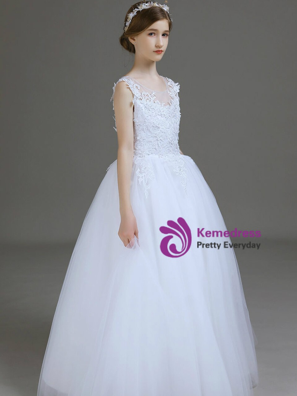 White Tulle Lace Appliques Scoop Long Flower Girl Dress