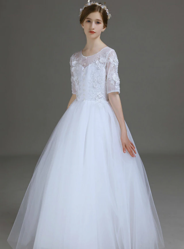 Advanced White Tulle Lace Appliques Short Sleeve Flower Girl Dress