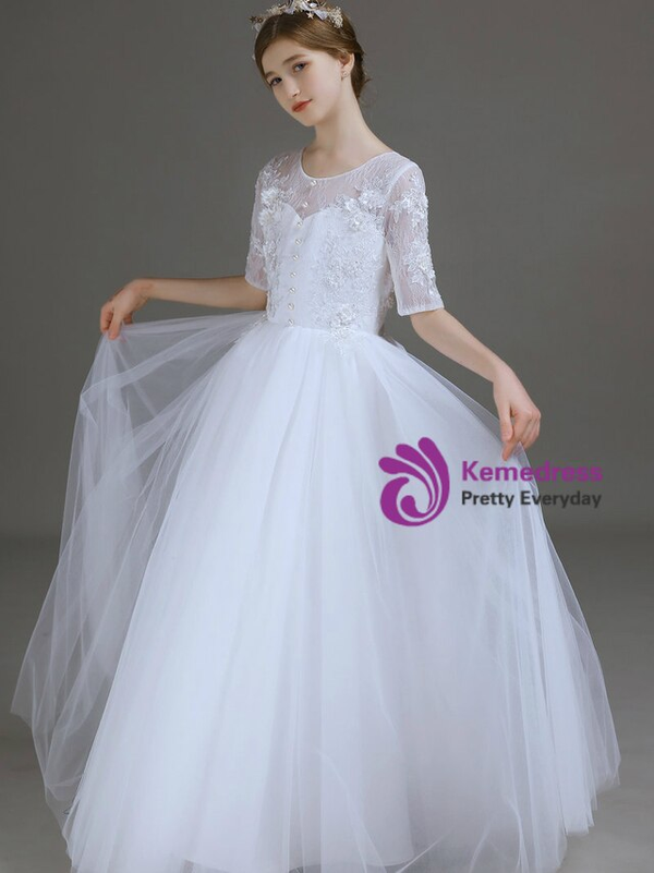 Advanced White Tulle Lace Appliques Short Sleeve Flower Girl Dress