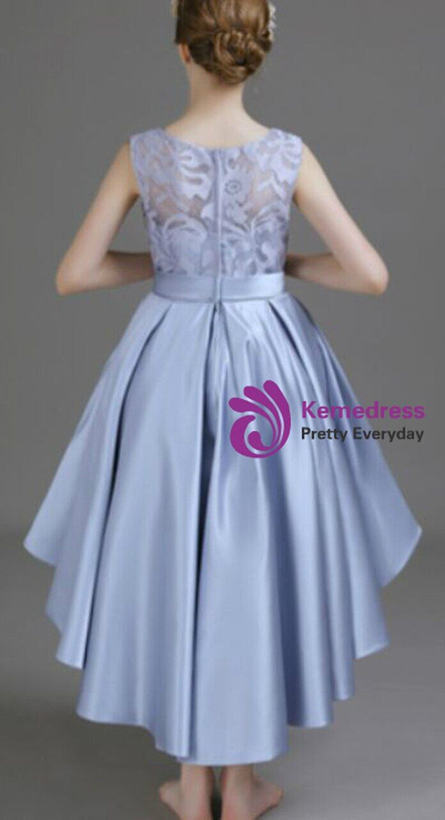 Elegance Silver Gray Satin Hi Lo Short Flower Girl Dress