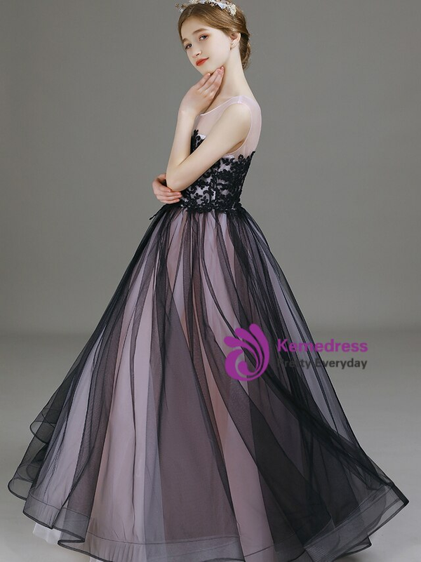 Modest Black Pink Tulle Lace Appliques Flower Girl Dress
