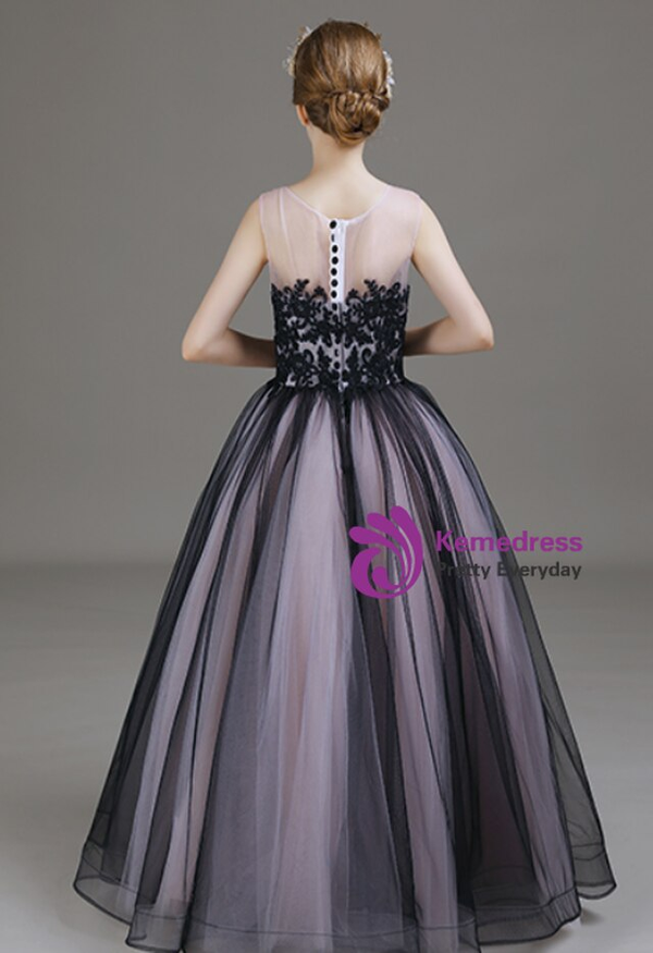 Modest Black Pink Tulle Lace Appliques Flower Girl Dress