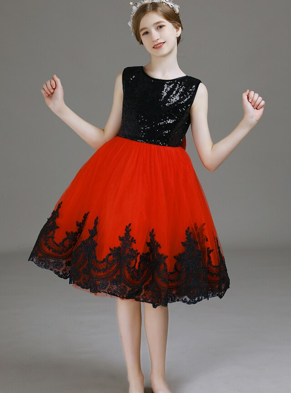 Black Sequins Red Tulle Lace Appliques Flower Girl Dress