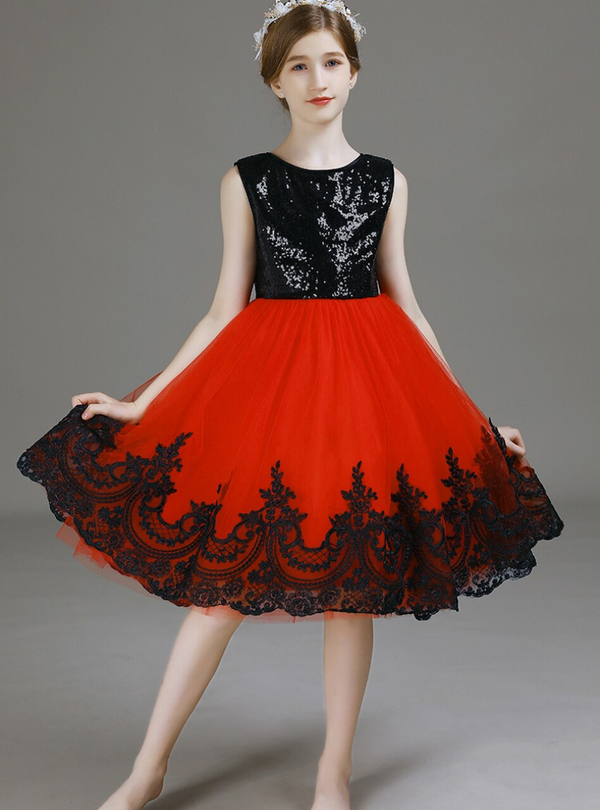Black Sequins Red Tulle Lace Appliques Flower Girl Dress
