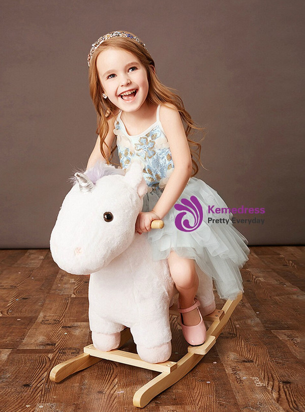 Blue Tulle Spagehtti Straps 3D Appliques Flower Girl Dress