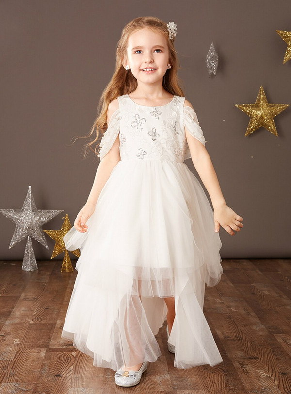 Hot Sale White Tulle Hi Lo Beading Sequins Flower Girl Dress