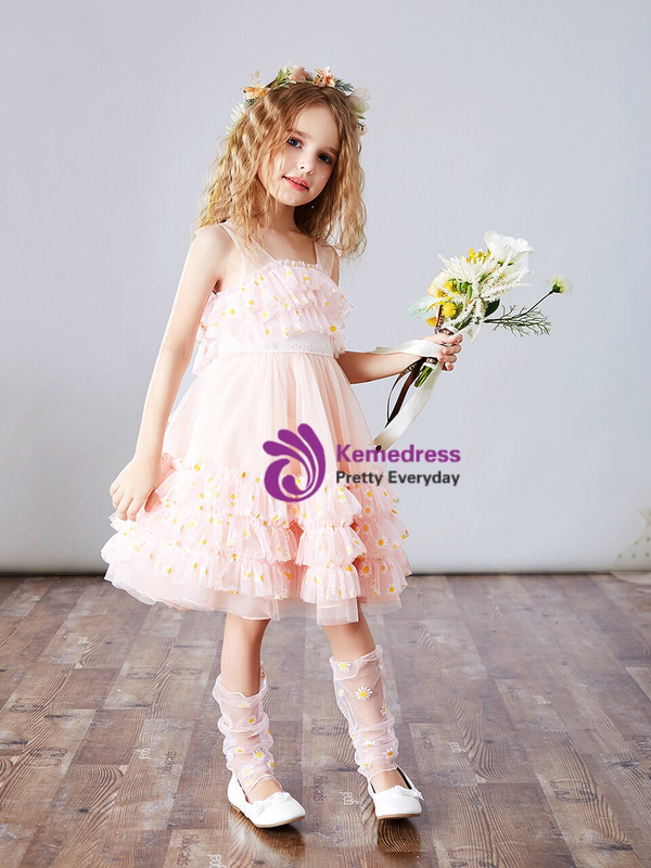 Pink Tulle Daisy Tiers Princess Flower Girl Dress