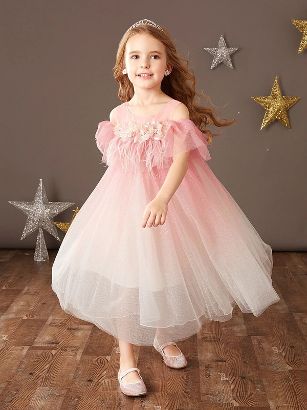 A-Line Pink Tulle Feather Tea Length Flower Girl Dress