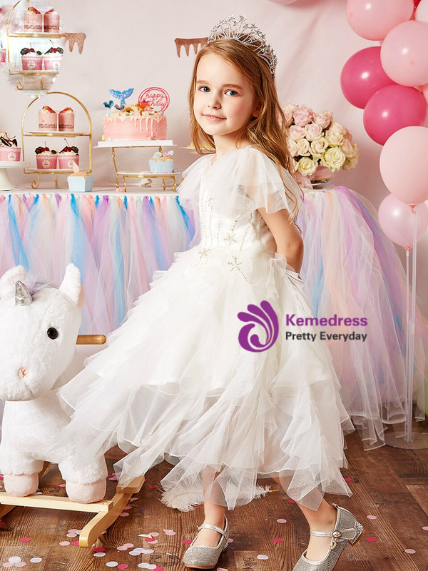 Exciting White Tulle Beading Tea Length Flower Girl Dress