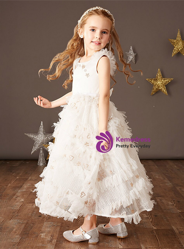 Splendid White Tulle Sleeveless Long Flower Girl Dress