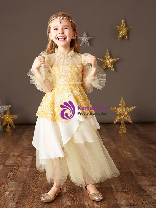 Flattering Yellow Tulle Sequins Long Sleeve Flower Girl Dress