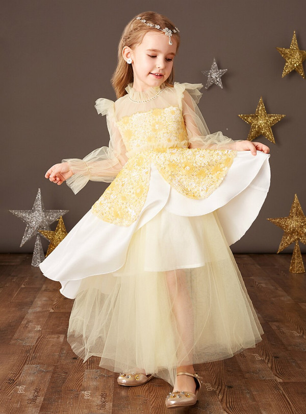 Flattering Yellow Tulle Sequins Long Sleeve Flower Girl Dress