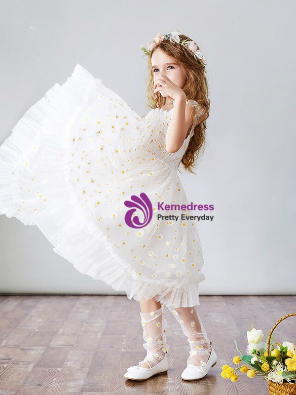 Glittering White Tulle Straps Little Daisy Tea Length Flower Girl Dress