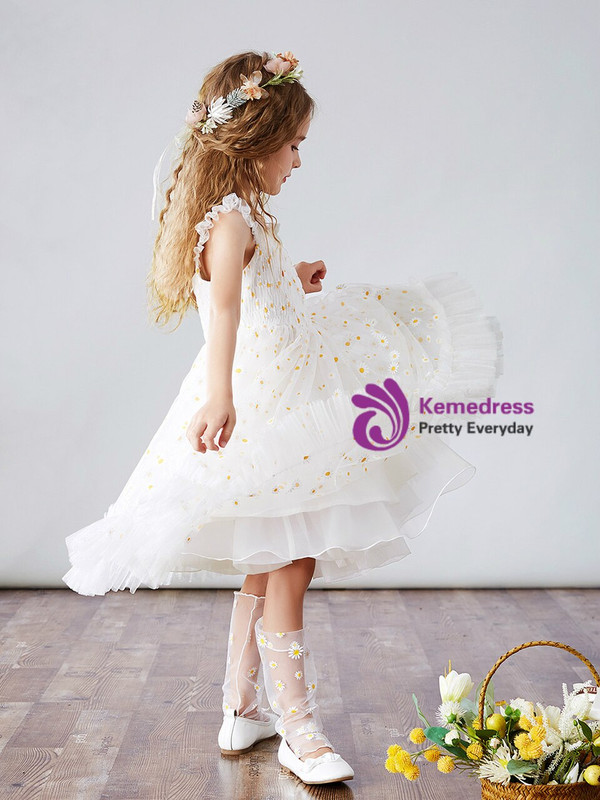 Glittering White Tulle Straps Little Daisy Tea Length Flower Girl Dress