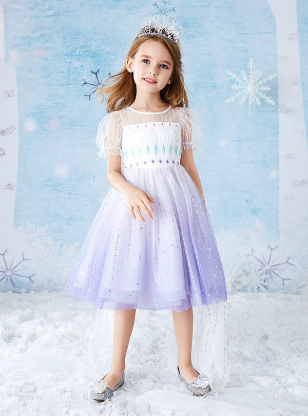 Fashionable Purple White Tulle Sequins Short Sleeve Flower Girl Dress