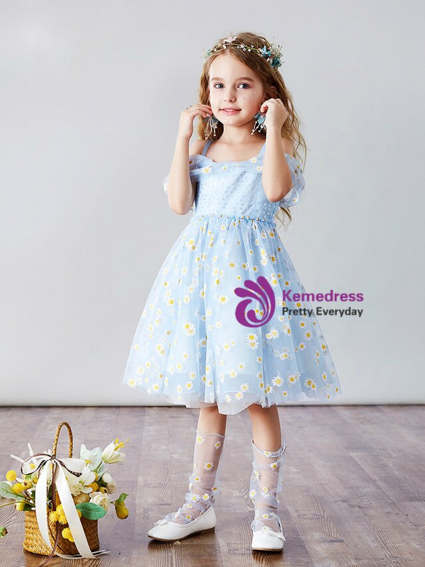 Impressive Blue Tulle Spagehtti Straps Little Daisy Short Flower Girl Dress