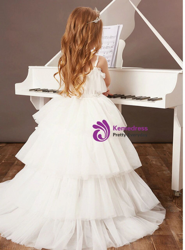 White Tulle Hi Lo Beading Tiers Flower Girl Dress With Train