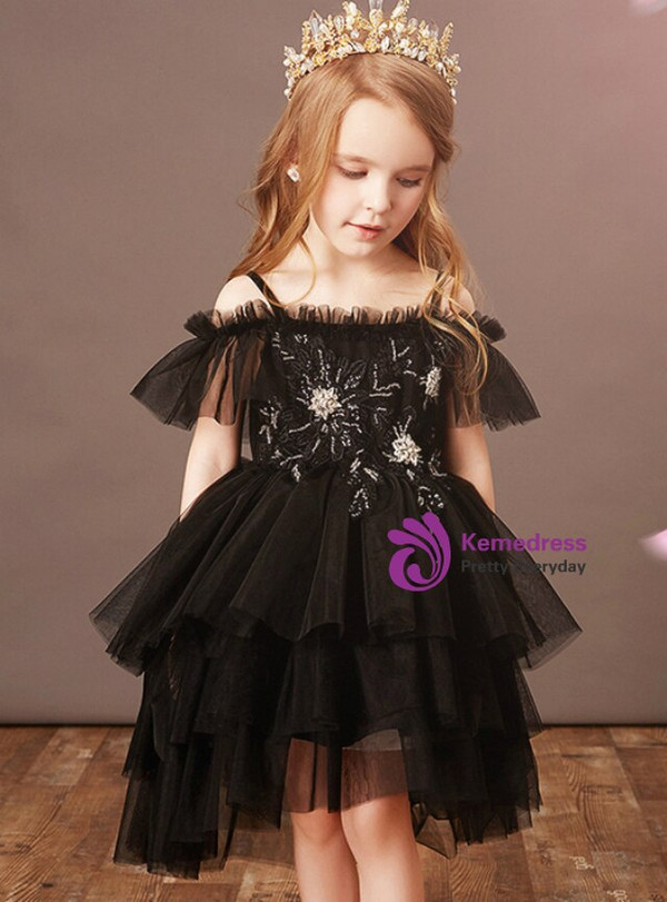 Black Ball Gown Tulle Hi Lo Beading Tiers Flower Girl Dress