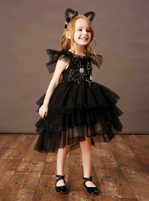 Black Ball Gown Tulle Hi Lo Beading Tiers Flower Girl Dress