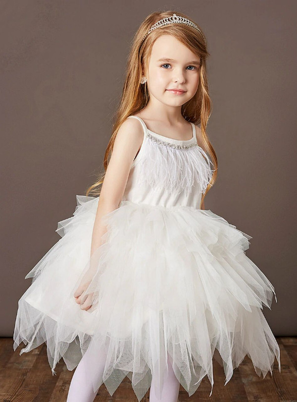 White Tulle Spaghetti Straps Feather Short Flower Girl Dress