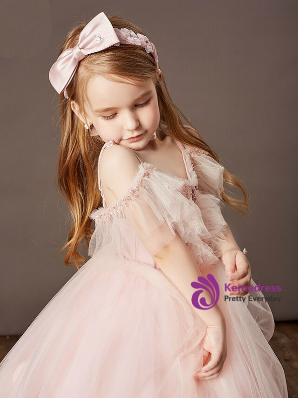 Pink Tulle Spaghetti Straps Beading Short Flower Girl Dress