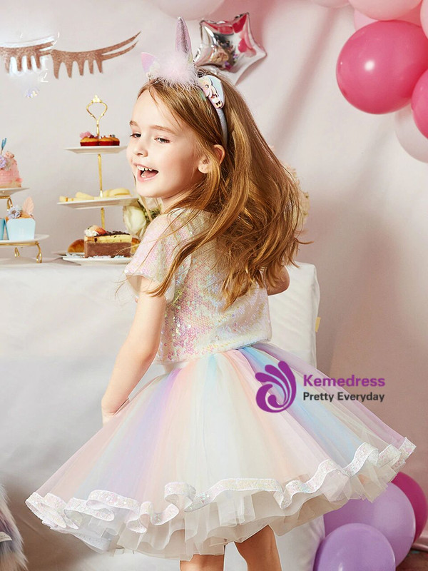 Pink Two Piece Sequins Top Tulle Skirt Unicorn Flower Girl Dress