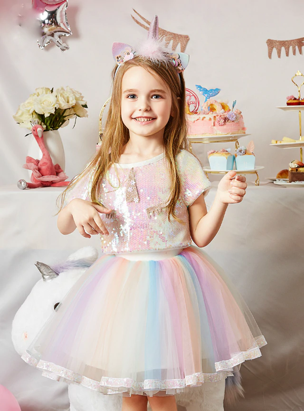 Pink Two Piece Sequins Top Tulle Skirt Unicorn Flower Girl Dress